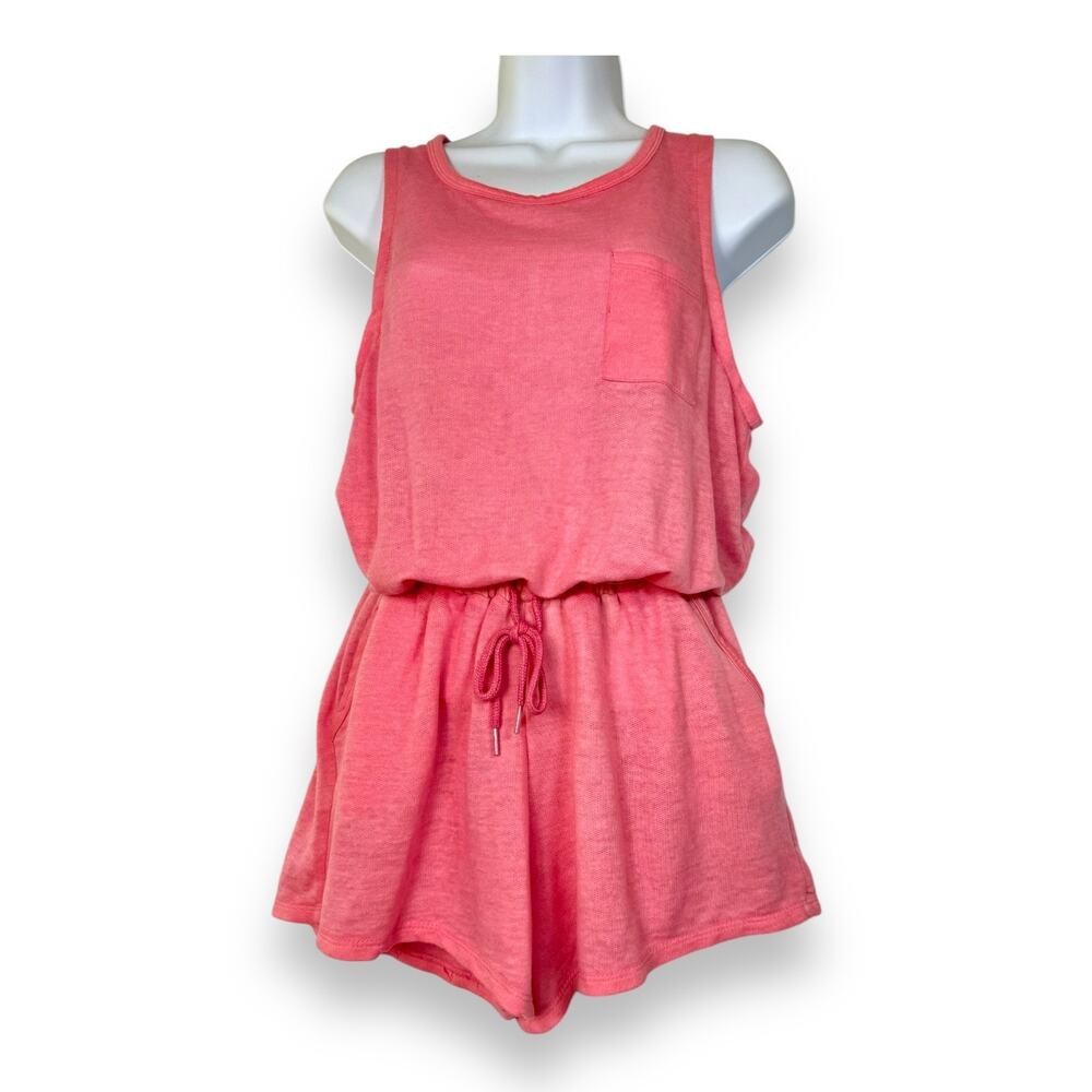 Peach Drawstring Waist Romper Sleeveless Pockets S Keyhole Back